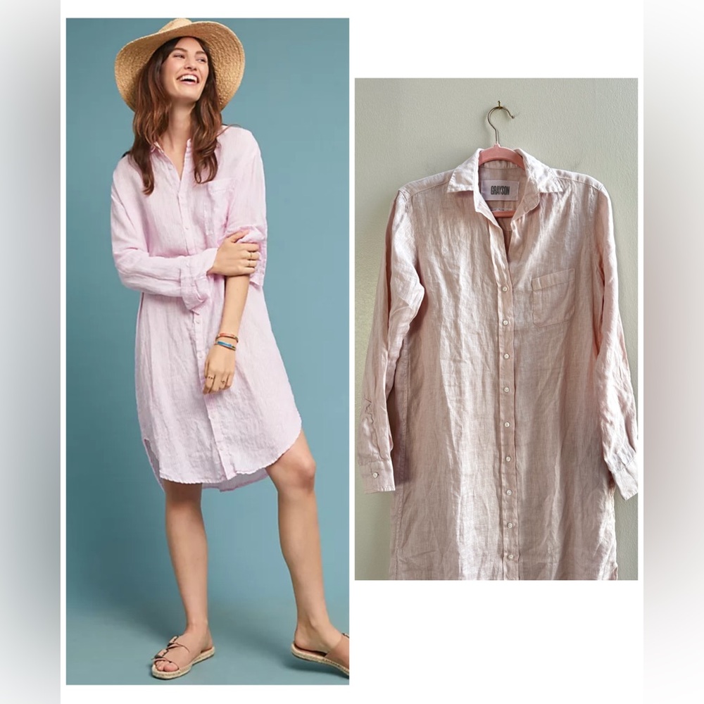 NEW Grayson The Hero Pink Linen Midi Button Up Shirt Dress Anthro Frank & Eileen